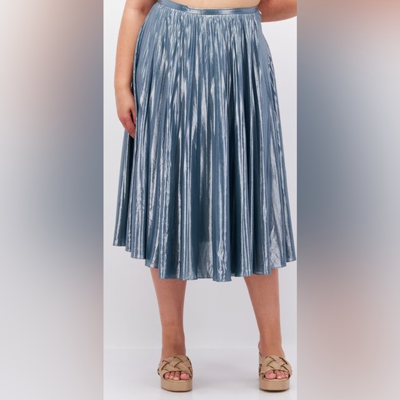 NWT Lauren Ralph Lauren‎ Metallic Pleated Midi Skirt in Ocean Blue - 20W - Picture 1 of 15